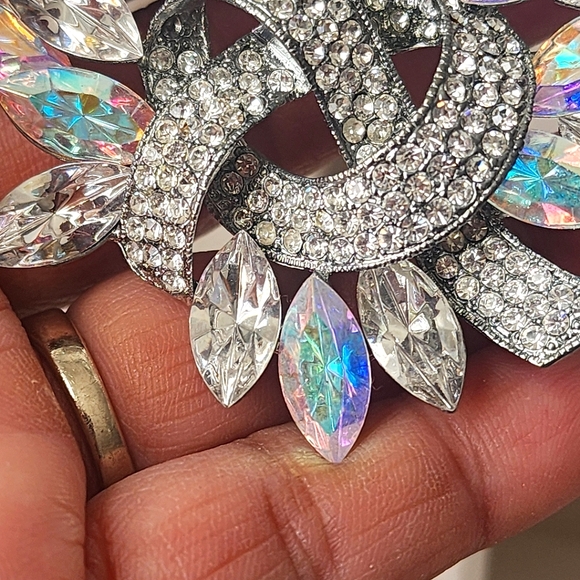 Large Statement Silver Iridescent Crystal Stones Brooch Pin - Picture 6 of 8